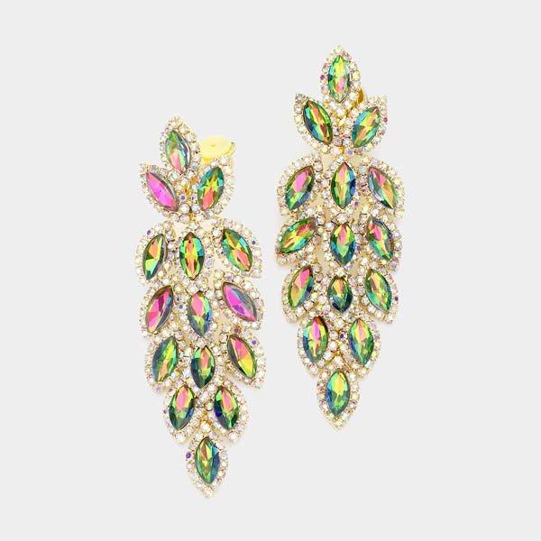 Marquise Crystal Oval Cluster Vine Oil Spill Clip On Earrings