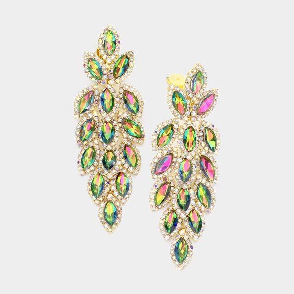 Marquise Crystal Oval Cluster Vine Oil Spill Clip On Earrings