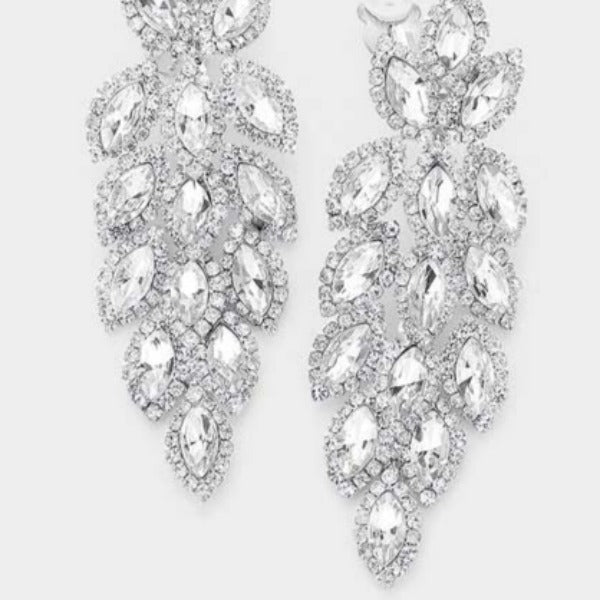 Marquise Crystal Oval Cluster Vine Silver Clip On Earrings