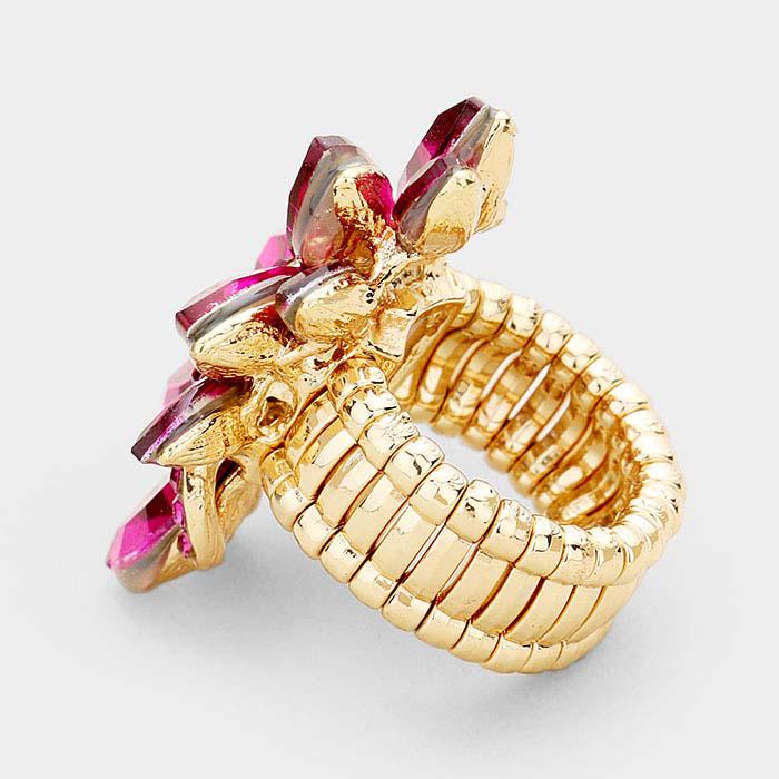 Marquise Fuchsia Crystal Cluster Gold Stretch Ring