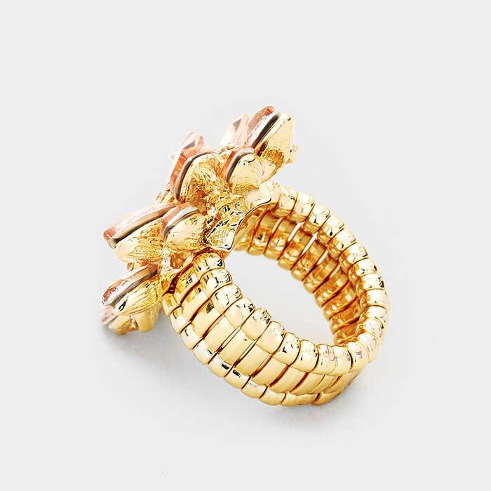 Marquise Peach Crystal Cluster Gold Stretch Ring