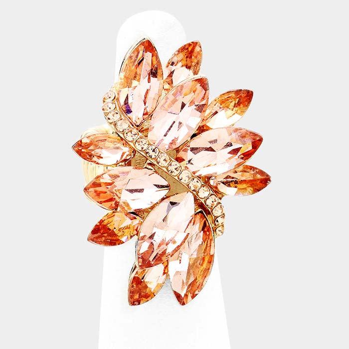 Marquise Peach Crystal Cluster Gold Stretch Ring