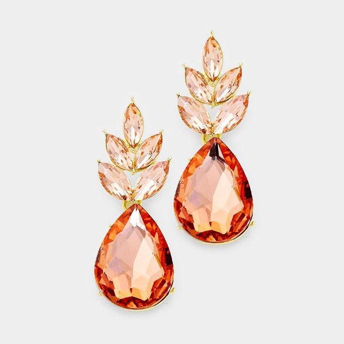 Marquise Peach Crystal Cluster Teardrop Earrings