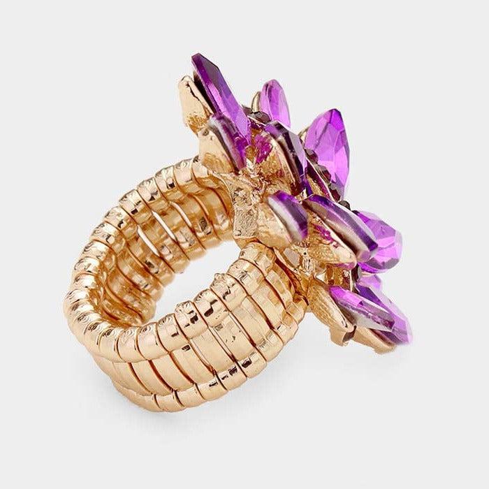 Marquise Purple Crystal Cluster Gold Stretch Ring