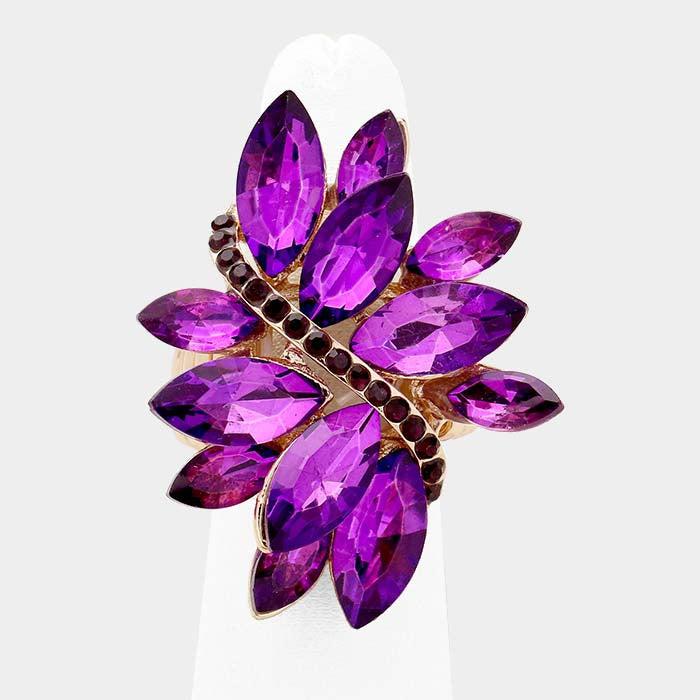Marquise Purple Crystal Cluster Gold Stretch Ring
