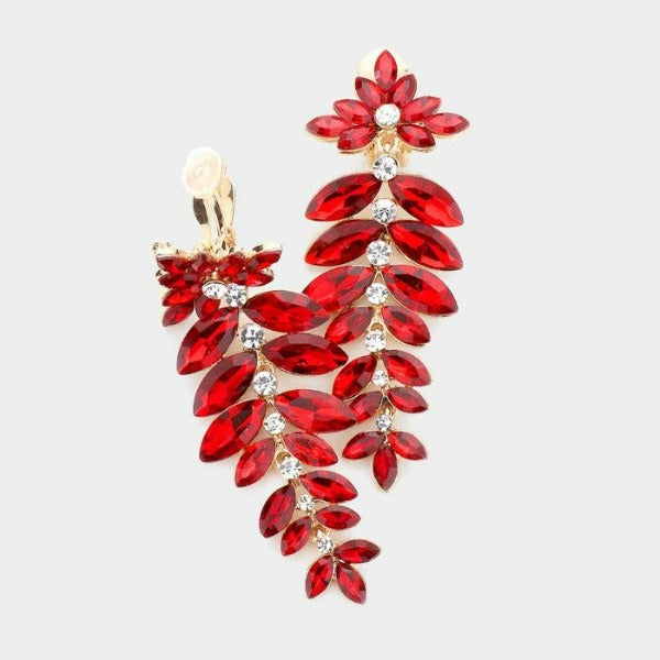 Marquise Red Colored Stone Vine Evening Clip on Earrings