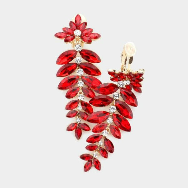 Marquise Red Colored Stone Vine Evening Clip on Earrings