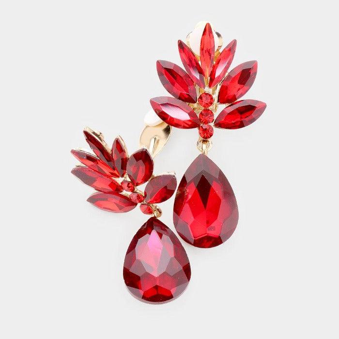 Marquise Red Crystal Teardrop Dangle Clip On Earrings