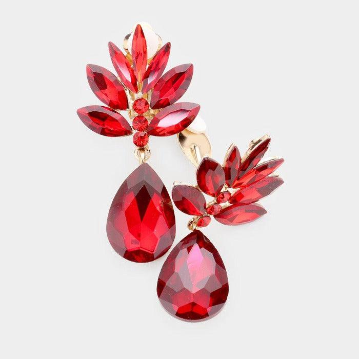 Marquise Red Crystal Teardrop Dangle Clip On Earrings