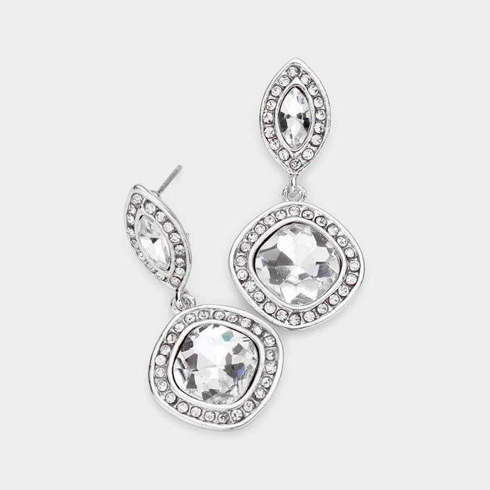 Marquise & Square Clear Crystal Silver Evening Earrings
