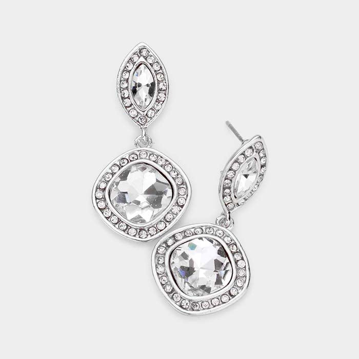 Marquise & Square Clear Crystal Silver Evening Earrings