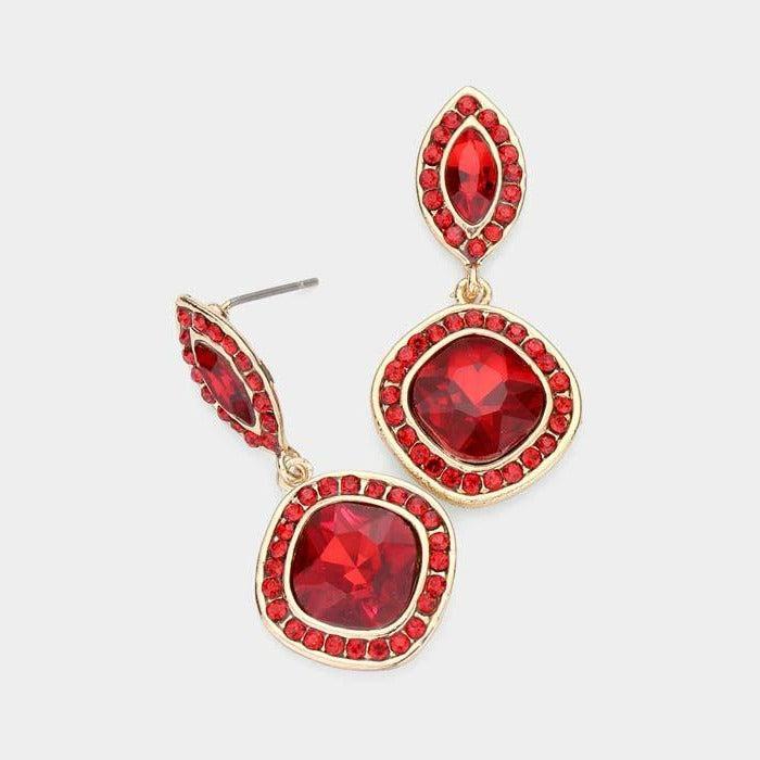 Marquise & Square Red Crystal Evening Earrings