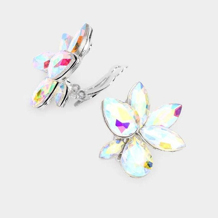 Marquise Teardrop Abalone Cluster Clip on Silver Earrings