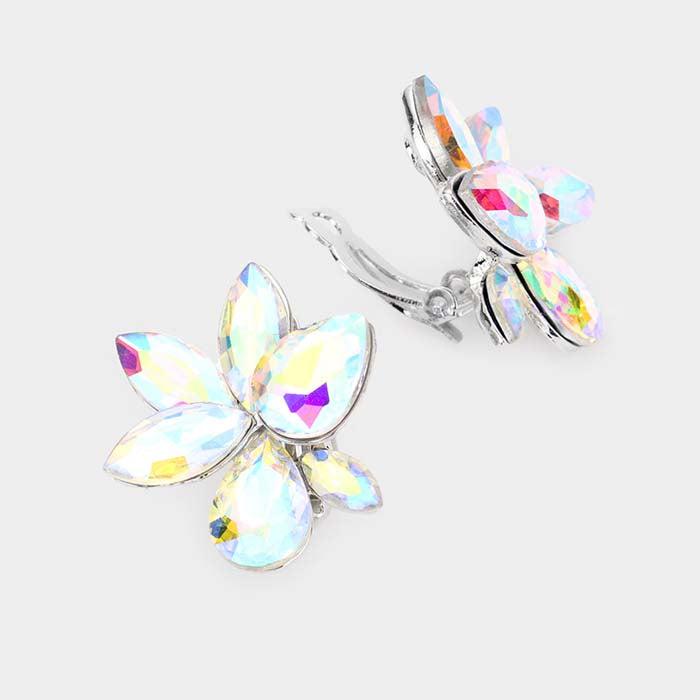 Marquise Teardrop Abalone Cluster Clip on Silver Earrings