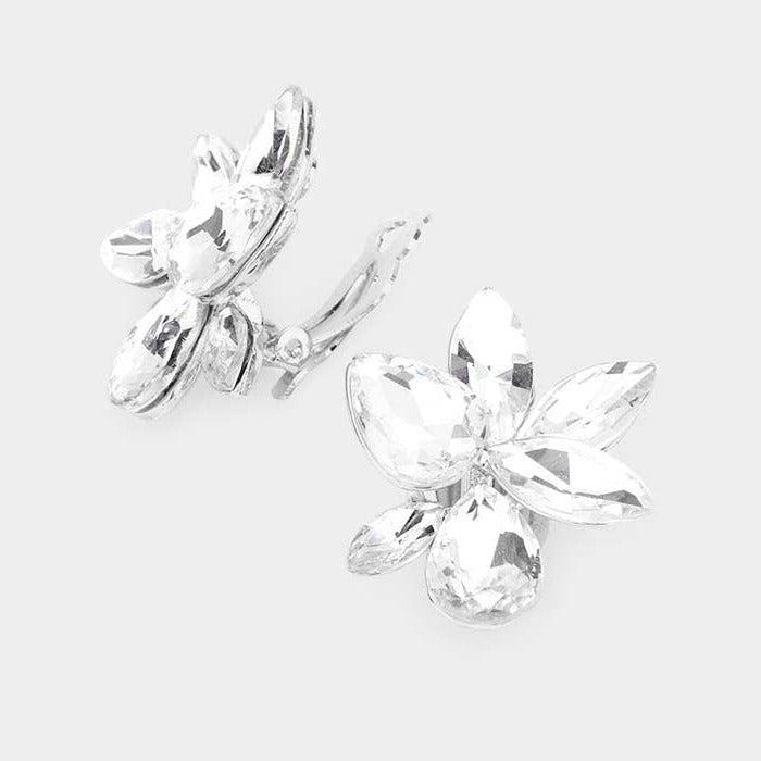 Marquise Teardrop Clear Cluster Clip on Silver Earrings