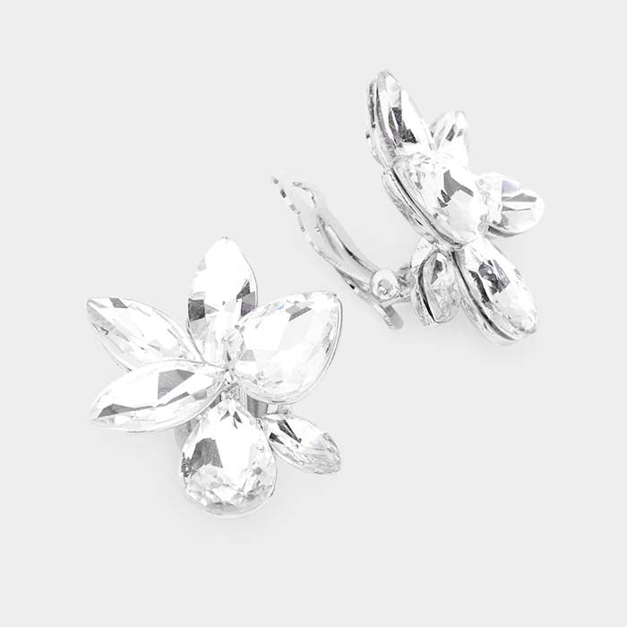 Marquise Teardrop Clear Cluster Clip on Silver Earrings