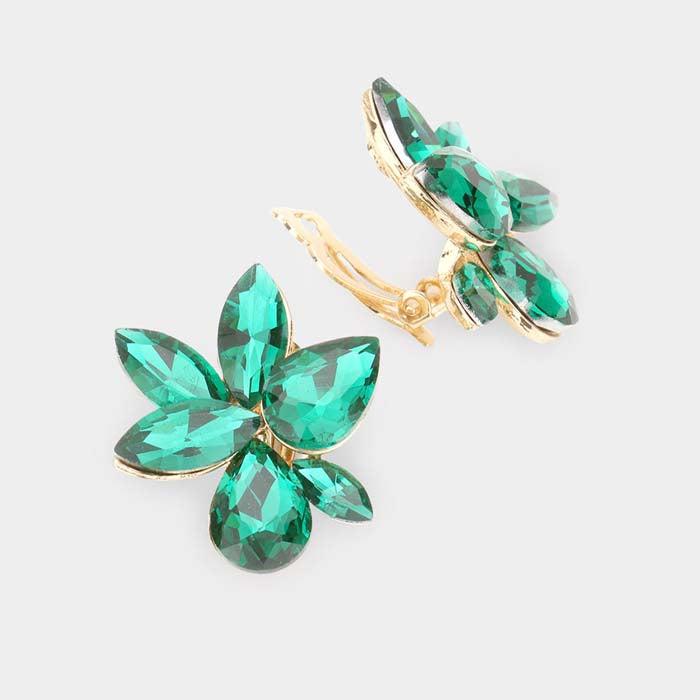 Marquise Teardrop Green Cluster Clip on Evening Earrings