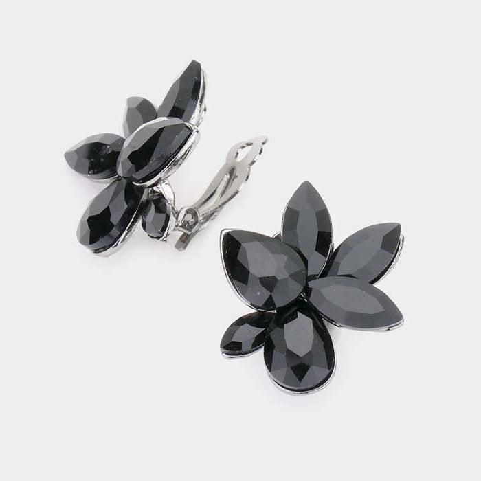 Marquise Teardrop Jet Black Cluster Clip on Evening Earrings