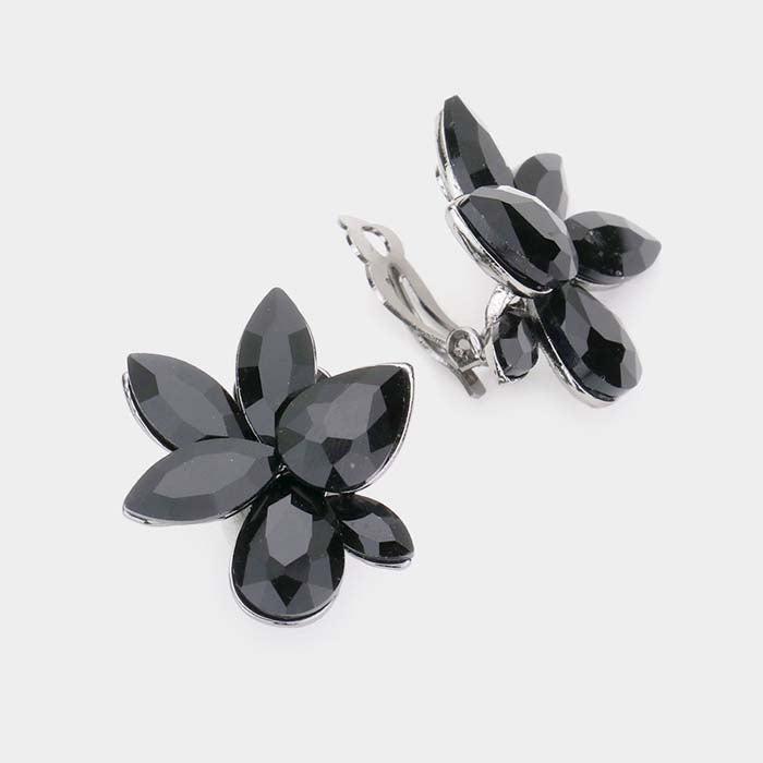 Marquise Teardrop Jet Black Cluster Clip on Evening Earrings