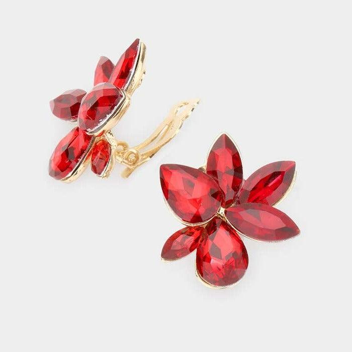 Marquise Teardrop Red Cluster Clip on Evening Earrings