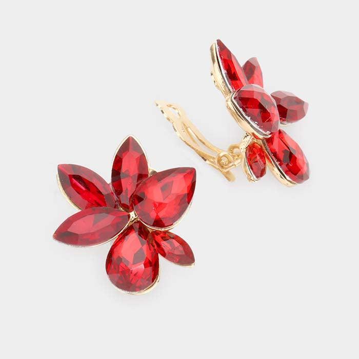 Marquise Teardrop Red Cluster Clip on Evening Earrings