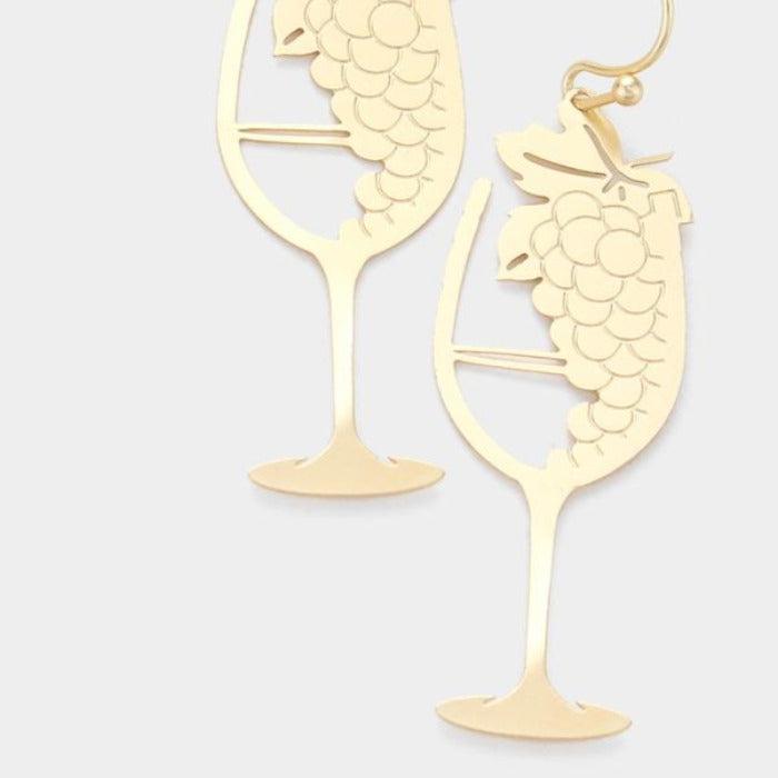 Matte Gold Tone Grape Champagne Glass Earrings-Earring-SPARKLE ARMAND