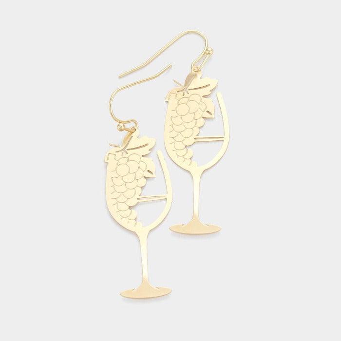 Matte Gold Tone Grape Champagne Glass Earrings-Earring-SPARKLE ARMAND