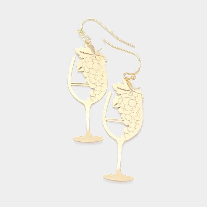 Matte Gold Tone Grape Champagne Glass Earrings-Earring-SPARKLE ARMAND