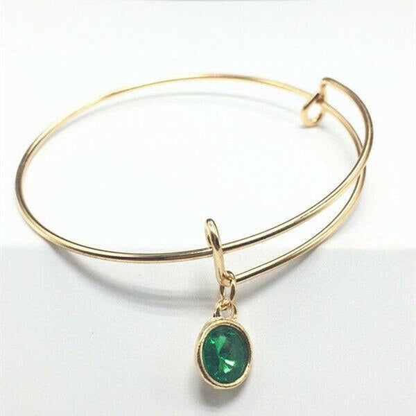 May Birthstone Gold Wire Bracelet with Dark Green Charm