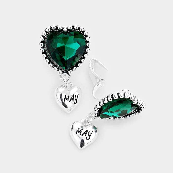 May _ Birthstone Heart Dangle Clip On Earrings