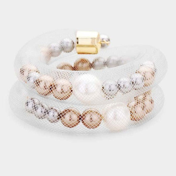 Mesh Tube Brown Gray White Pearl Adjustable Bracelet