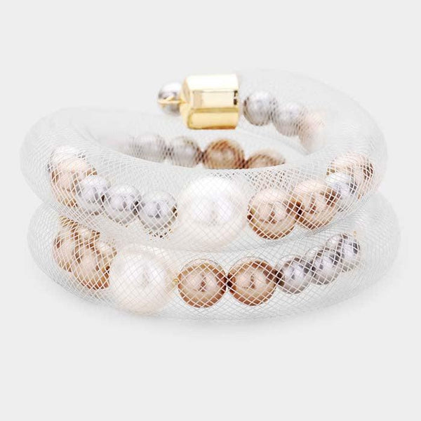 Mesh Tube Brown Gray White Pearl Adjustable Bracelet