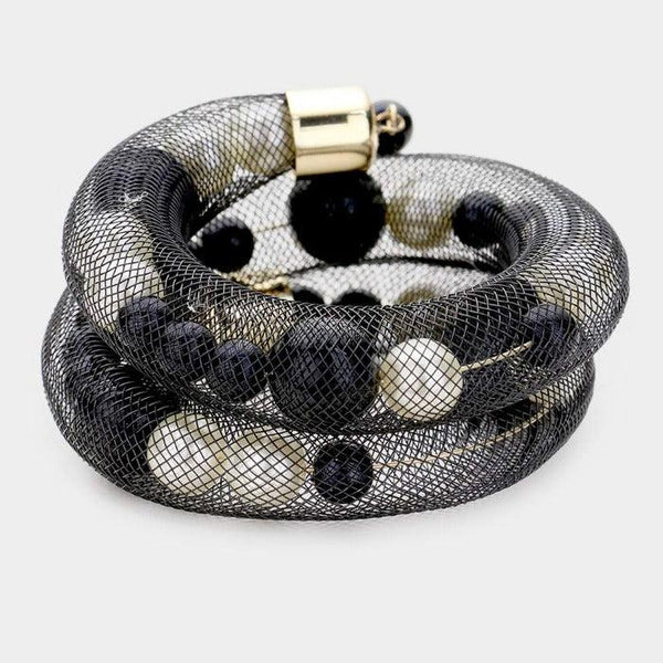 Mesh Tube Cream & Black Pearl Adjustable Bracelet