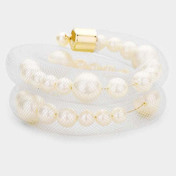Mesh Tube Cream Pearl Adjustable Bracelet