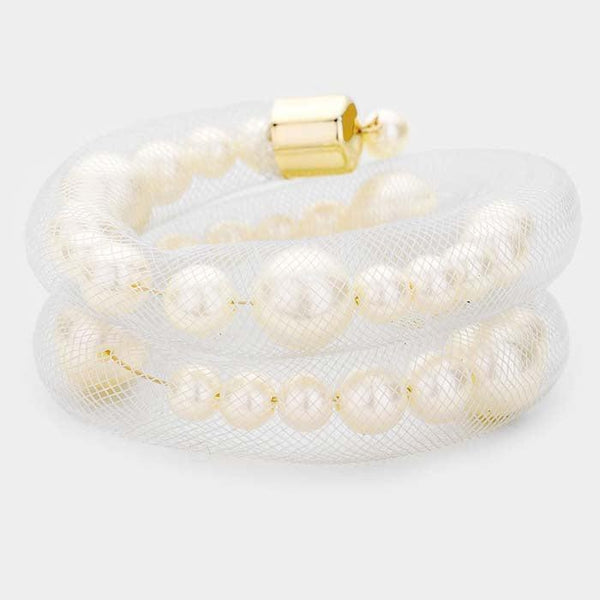 Mesh Tube Cream Pearl Adjustable Bracelet