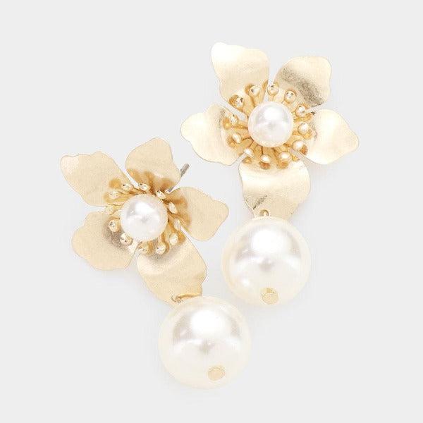 Metal Flower & Pearl Dangle Gold Earrings-Earring-SPARKLE ARMAND