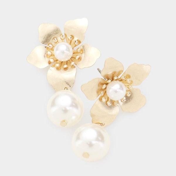 Metal Flower & Pearl Dangle Gold Earrings-Earring-SPARKLE ARMAND