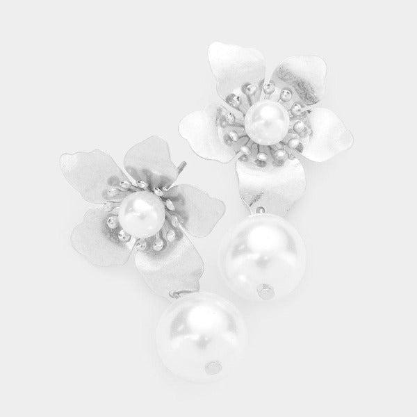 Metal Flower & Pearl Dangle Silver Earrings-Earring-SPARKLE ARMAND