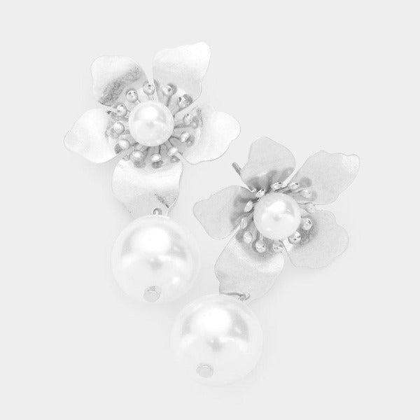 Metal Flower & Pearl Dangle Silver Earrings-Earring-SPARKLE ARMAND