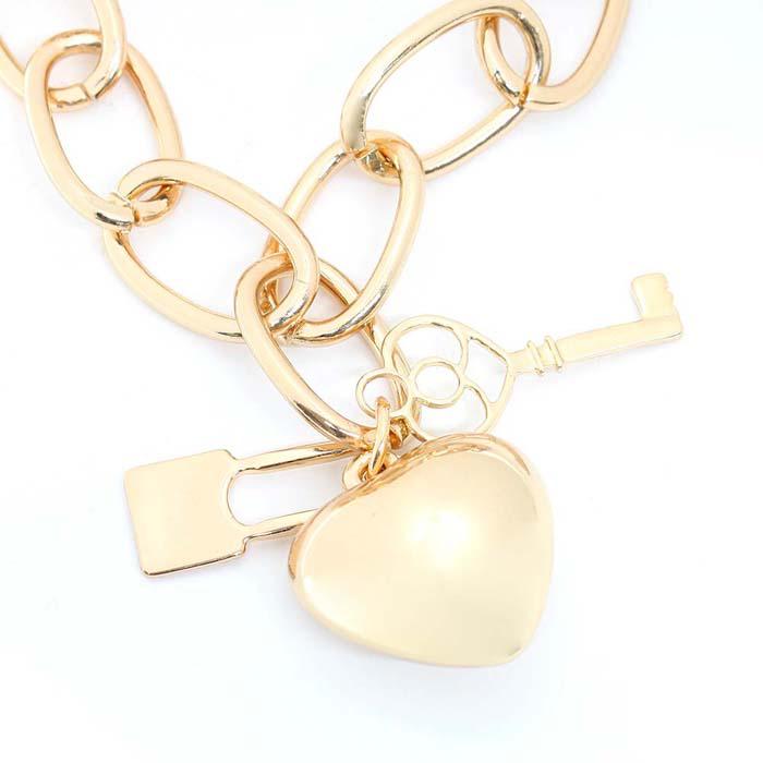 Metal Heart Key Lock Pendant Gold Necklace Set