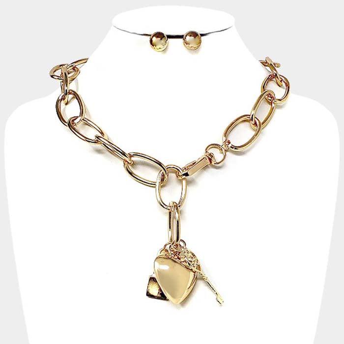 Metal Heart Key Lock Pendant Gold Necklace Set