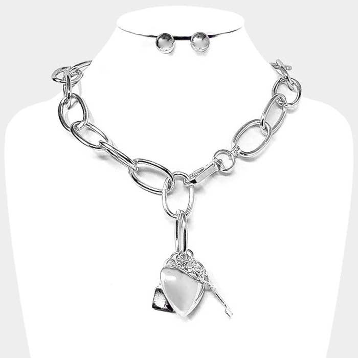 Metal Heart Key Lock Pendant Silver Necklace Set