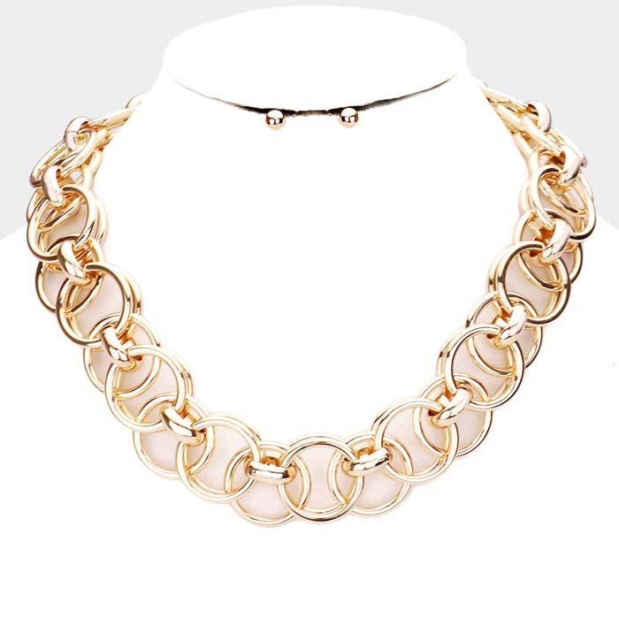 Metal Open Circle Link Gold Necklace Set