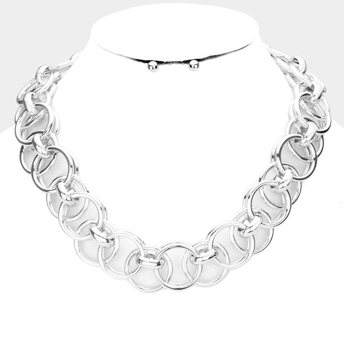 Metal Open Circle Link Silver Necklace Set
