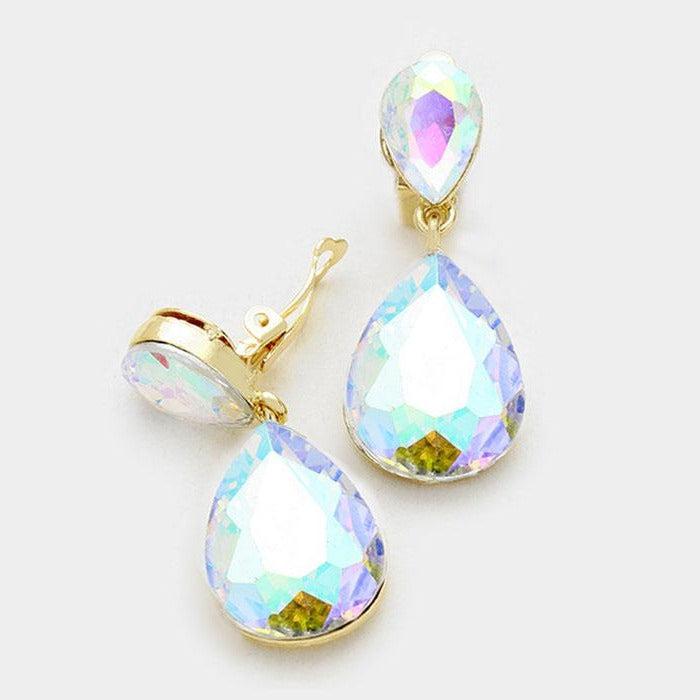 Abalone Teardrop Crystal Clip On Earrings