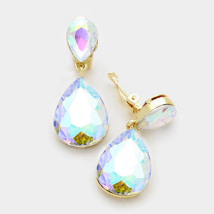 Abalone Teardrop Crystal Clip On Earrings