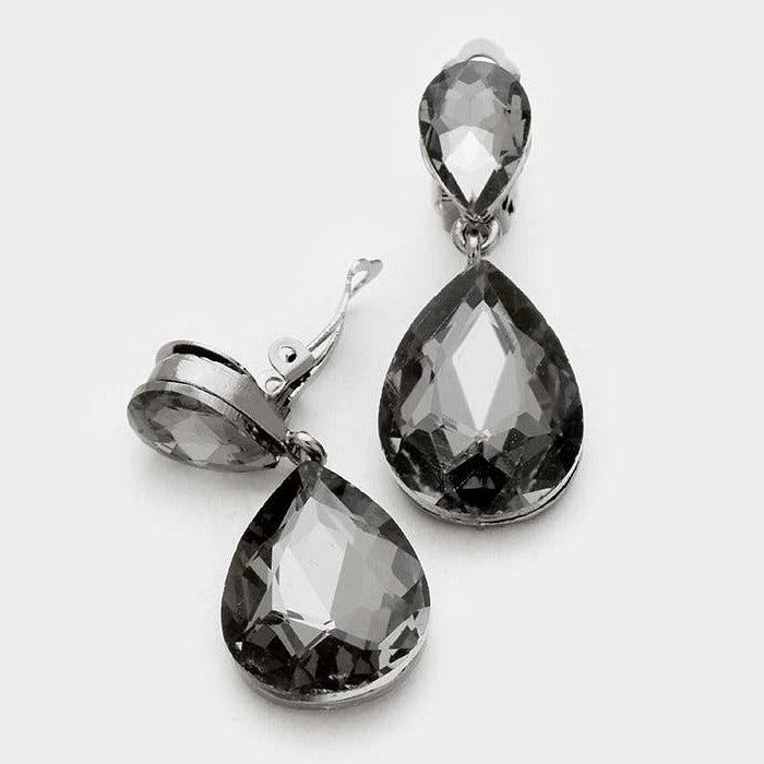 Black Crystal Double Teardrop Clip-On Earrings by Miro Crystal Collection