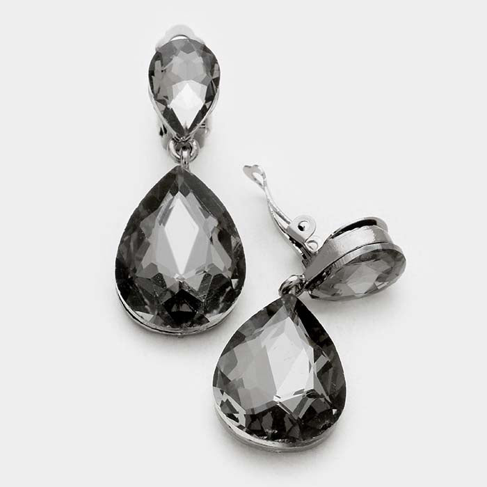 Black Crystal Double Teardrop Clip-On Earrings by Miro Crystal Collection