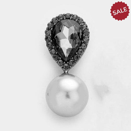 Black Crystal Teardrop & Gray Faux Pearl Evening Earrings by Miro Crystal Collection