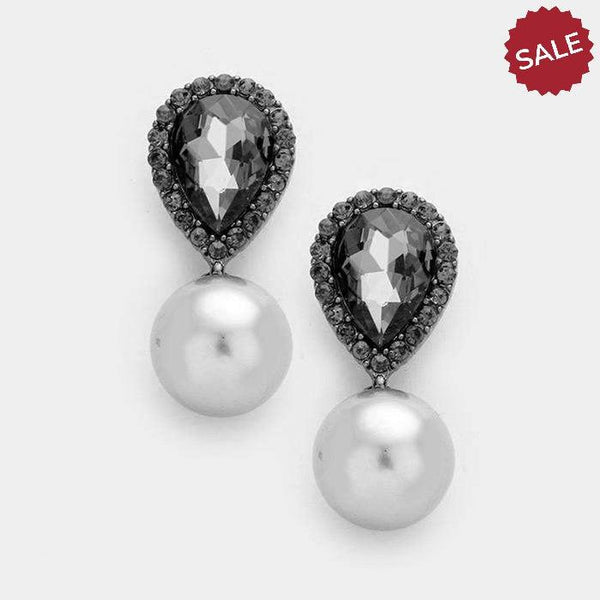 Black Crystal Teardrop & Gray Faux Pearl Evening Earrings by Miro Crystal Collection